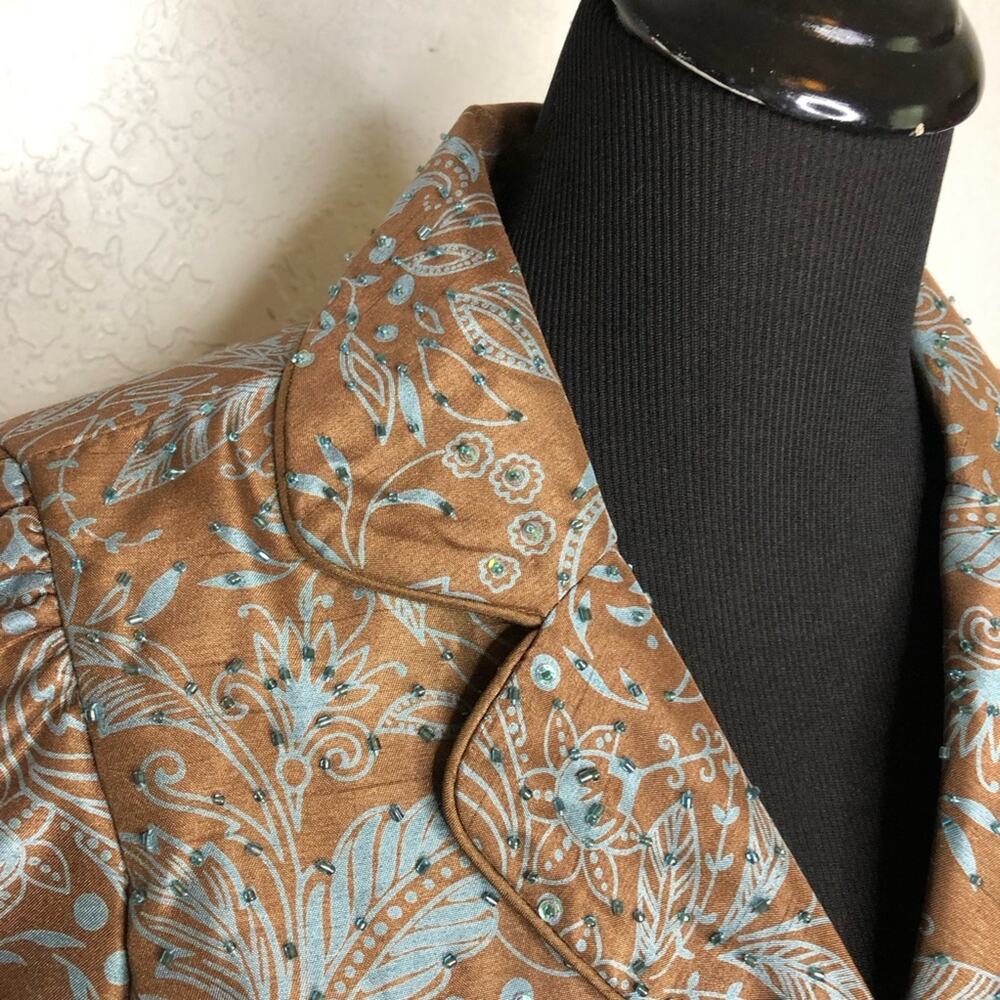 Victor Costa brown blue floral beaded rhinestone button blazer jacket size 6 - Picture 9 of 15